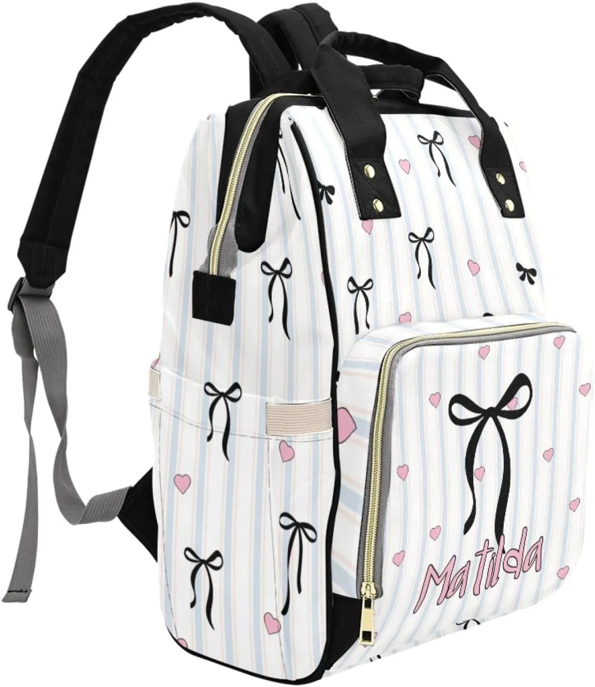 Personalized Baby Diaper Bag Backpack for Women, Custom Name Nursing Mommy Daypack, Diaper Bag for Girls Boys, New Mom Gifts (Bow Black)