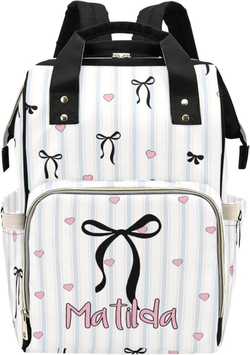 Personalized Baby Diaper Bag Backpack for Women, Custom Name Nursing Mommy Daypack, Diaper Bag for Girls Boys, New Mom Gifts (Bow Black)