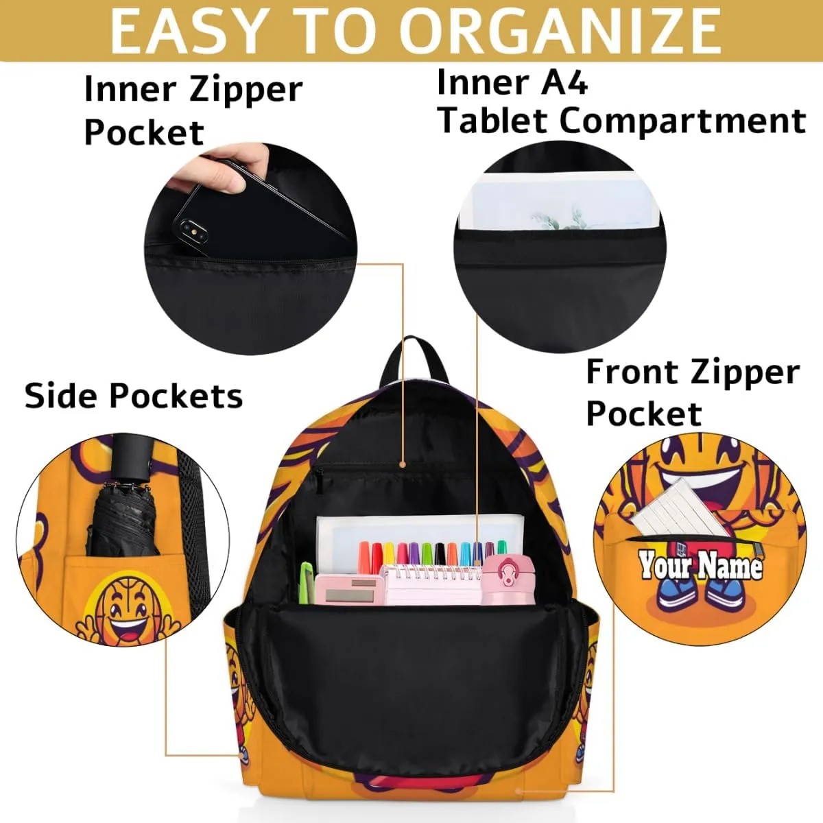 Personalized Basketball Preschool Toddler Backpack for Boys Girls Custom Kids Name Small Bookbags Kindergarten Elementary Backpack, Cartoon Basketball