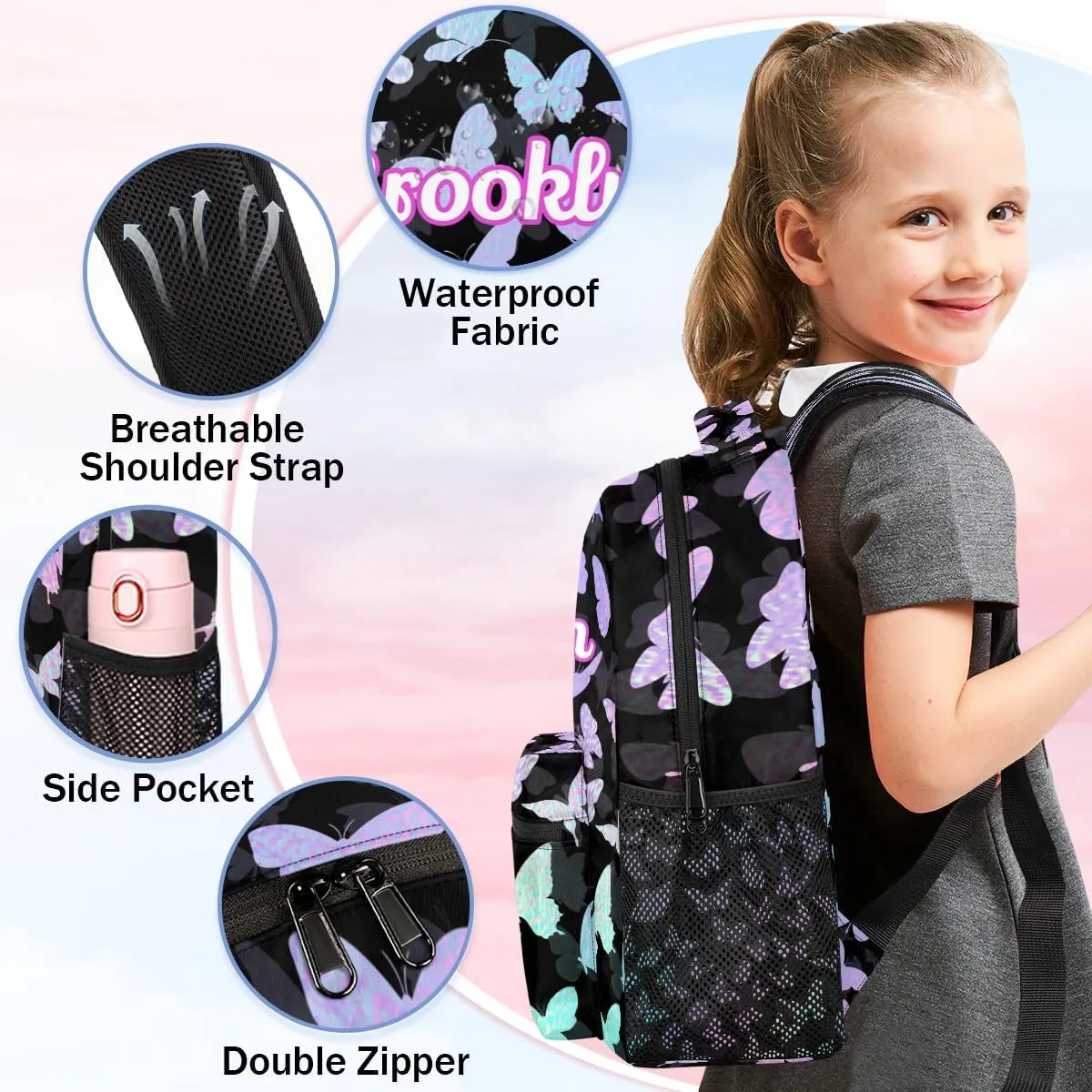 Personalized Butterfly Backpack with Name Custom Shoulder Bags for Women Men Waterproof Travel Casual Daypack Laptop Bag Gifts 16in, Gradient Blue Purple