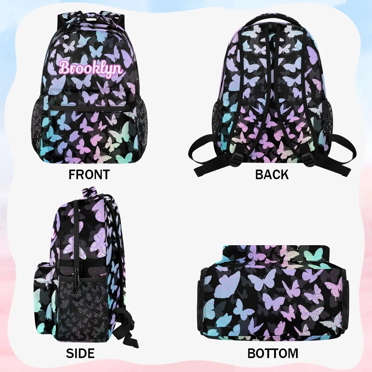 Personalized Butterfly Backpack with Name Custom Shoulder Bags for Women Men Waterproof Travel Casual Daypack Laptop Bag Gifts 16in, Gradient Blue Purple