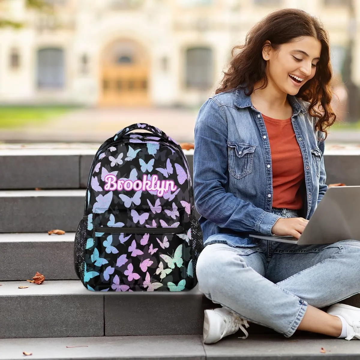 Personalized Butterfly Backpack with Name Custom Shoulder Bags for Women Men Waterproof Travel Casual Daypack Laptop Bag Gifts 16in, Gradient Blue Purple