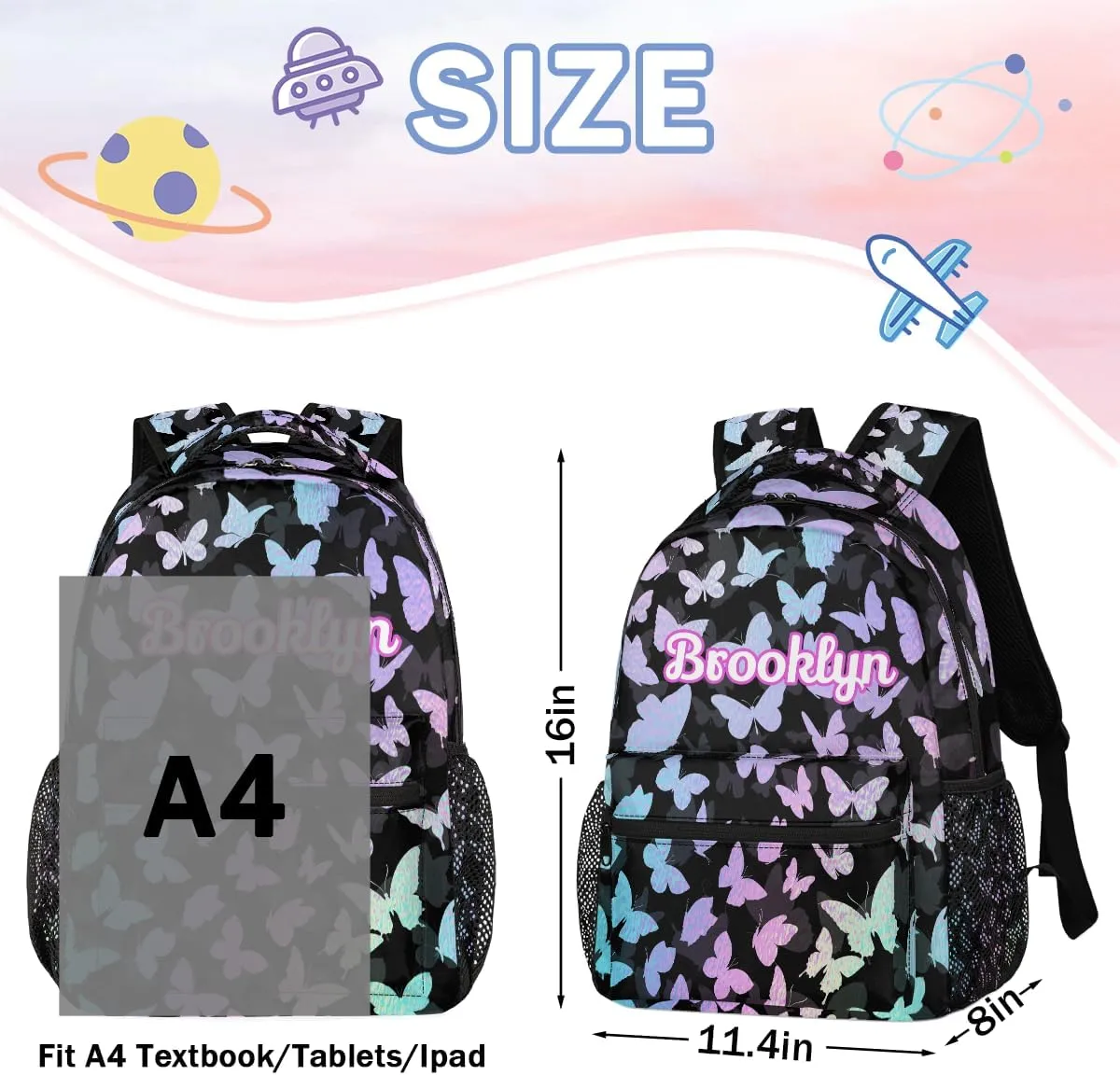 Personalized Butterfly Backpack with Name Custom Shoulder Bags for Women Men Waterproof Travel Casual Daypack Laptop Bag Gifts 16in, Gradient Blue Purple
