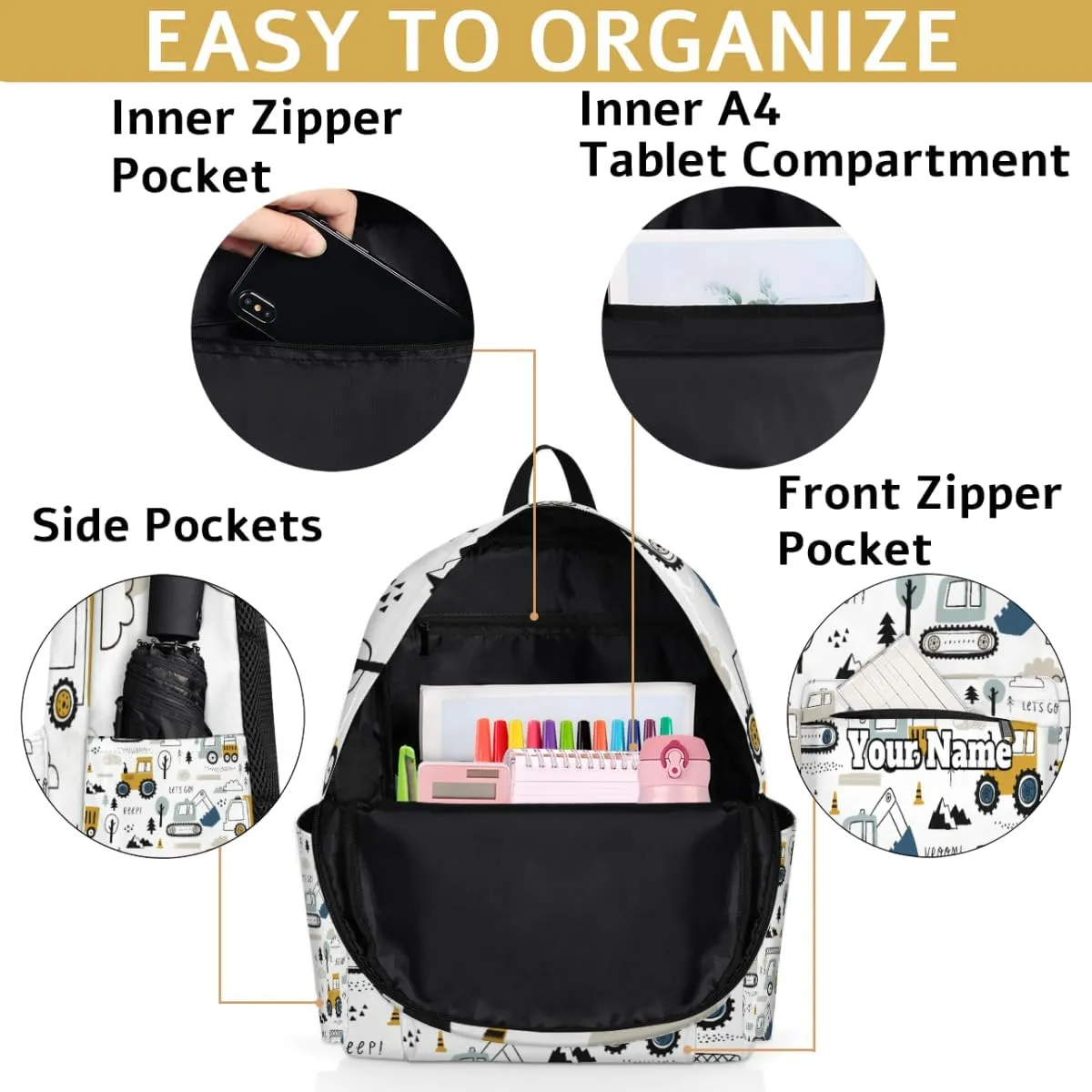 Personalized Cartoon Truck Preschool Toddler Backpack for Boys Girls Custom Kids Name Small Bookbags Kindergarten Elementary Backpack, Construction Cars