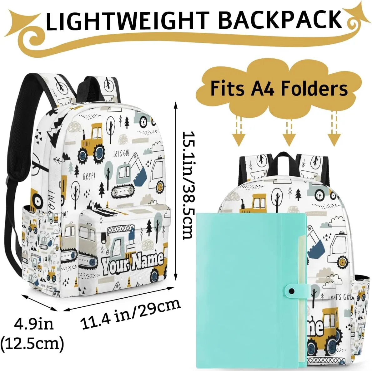 Personalized Cartoon Truck Preschool Toddler Backpack for Boys Girls Custom Kids Name Small Bookbags Kindergarten Elementary Backpack, Construction Cars