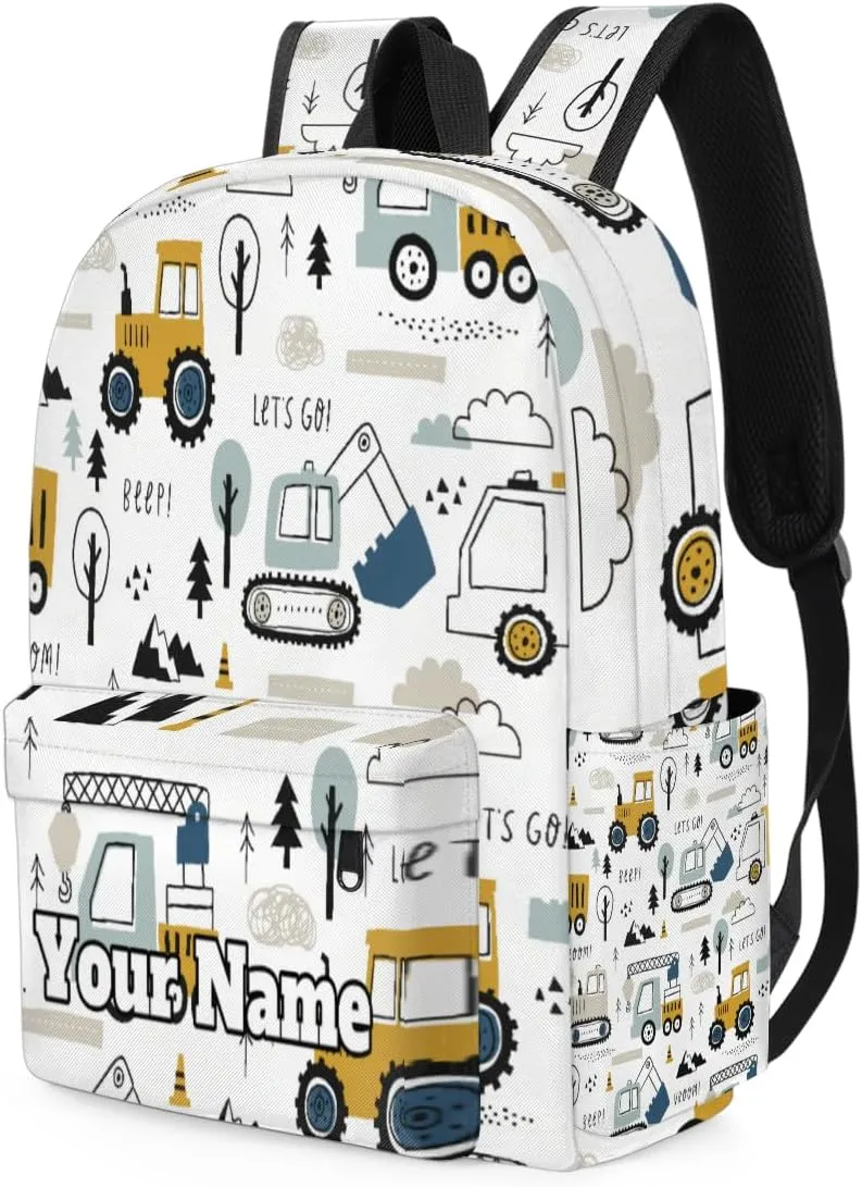 Personalized Cartoon Truck Preschool Toddler Backpack for Boys Girls Custom Kids Name Small Bookbags Kindergarten Elementary Backpack, Construction Cars