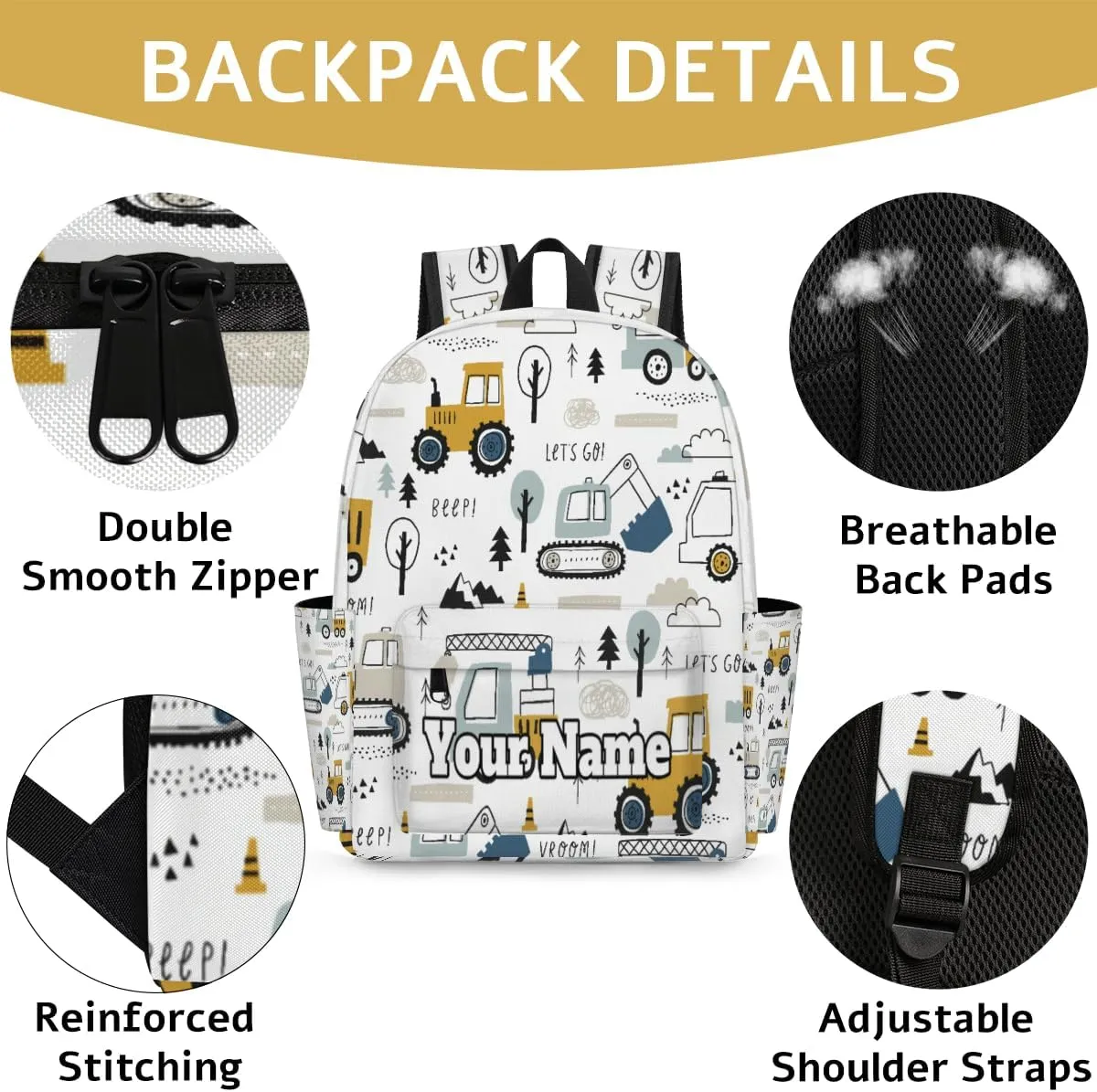 Personalized Cartoon Truck Preschool Toddler Backpack for Boys Girls Custom Kids Name Small Bookbags Kindergarten Elementary Backpack, Construction Cars