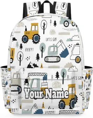 Personalized Cartoon Truck Preschool Toddler Backpack for Boys Girls Custom Kids Name Small Bookbags Kindergarten Elementary Backpack, Construction Cars