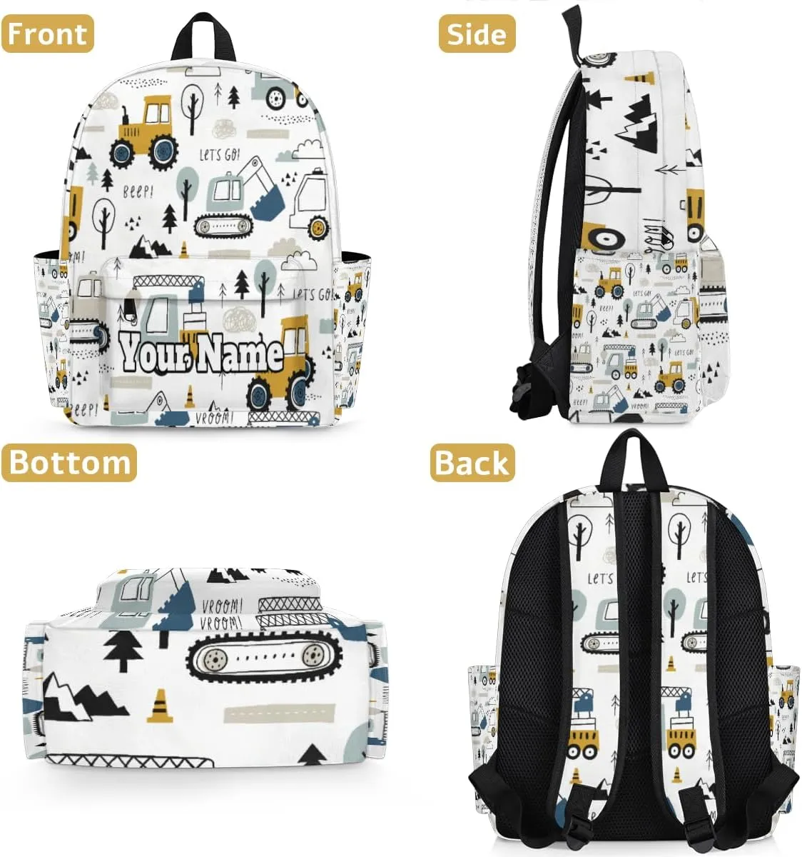 Personalized Cartoon Truck Preschool Toddler Backpack for Boys Girls Custom Kids Name Small Bookbags Kindergarten Elementary Backpack, Construction Cars