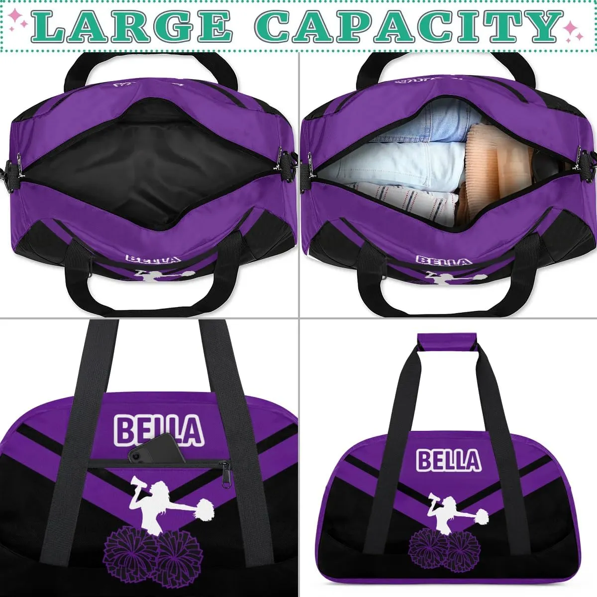 Personalized Cheer Bag Sport Duffel Bag for Girl, Custom Kids Gym Bag, Customize Travel Duffle Bag with Name, Overnight Weekender Bags,Purple Black, Cheerleading Gifts