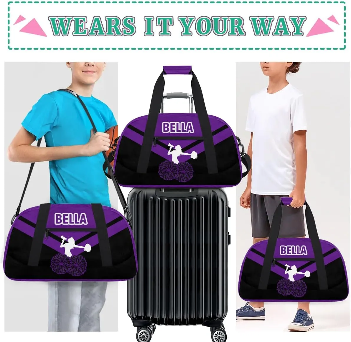 Personalized Cheer Bag Sport Duffel Bag for Girl, Custom Kids Gym Bag, Customize Travel Duffle Bag with Name, Overnight Weekender Bags,Purple Black, Cheerleading Gifts