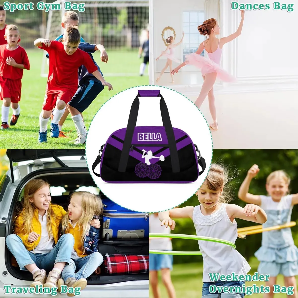Personalized Cheer Bag Sport Duffel Bag for Girl, Custom Kids Gym Bag, Customize Travel Duffle Bag with Name, Overnight Weekender Bags,Purple Black, Cheerleading Gifts
