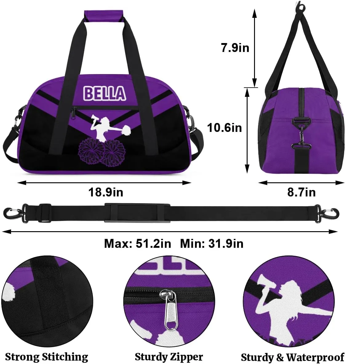 Personalized Cheer Bag Sport Duffel Bag for Girl, Custom Kids Gym Bag, Customize Travel Duffle Bag with Name, Overnight Weekender Bags,Purple Black, Cheerleading Gifts