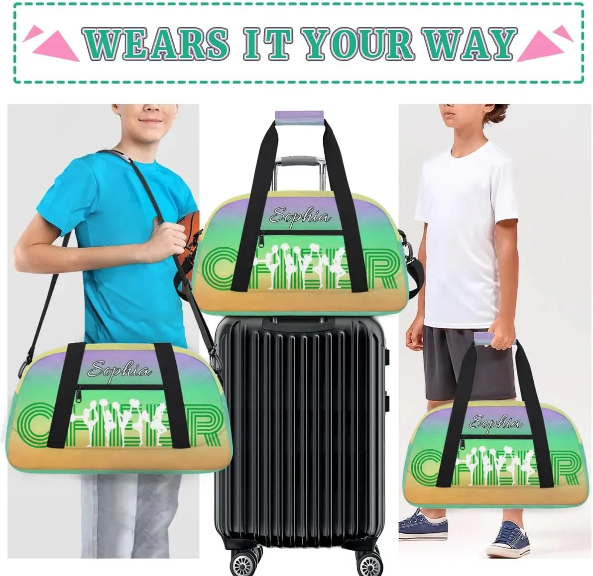 Personalized Cheer Bag with Name Custom Cheerleader Bags Cheer Dance Bag Customize Cheer Duffel Bag Overnight Weekender Bag, Green Yellow