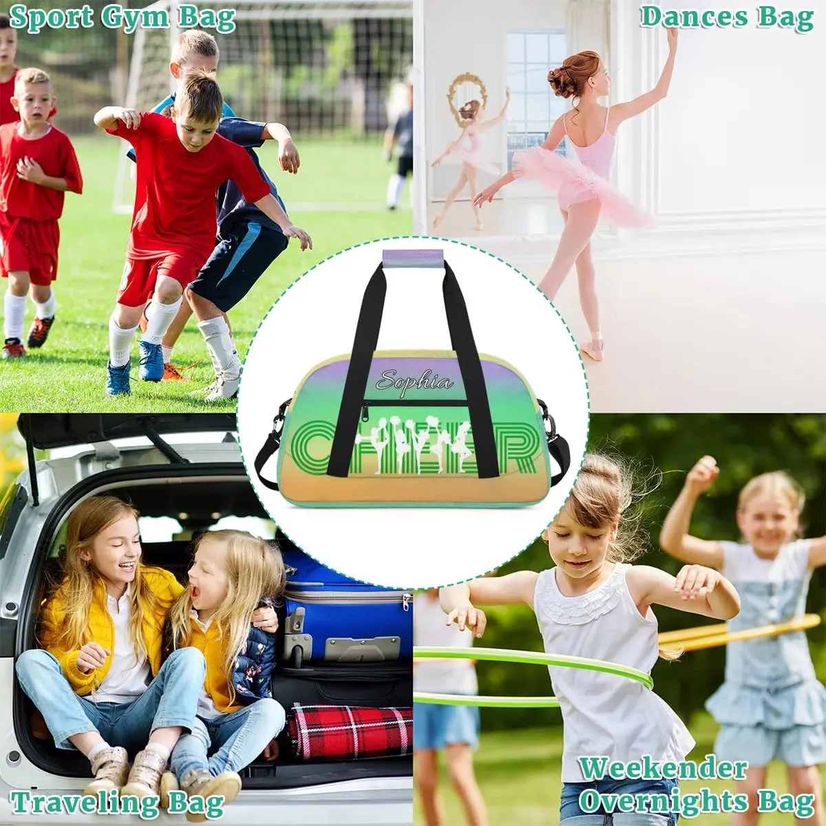 Personalized Cheer Bag with Name Custom Cheerleader Bags Cheer Dance Bag Customize Cheer Duffel Bag Overnight Weekender Bag, Green Yellow