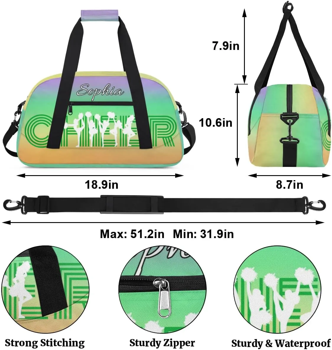 Personalized Cheer Bag with Name Custom Cheerleader Bags Cheer Dance Bag Customize Cheer Duffel Bag Overnight Weekender Bag, Green Yellow