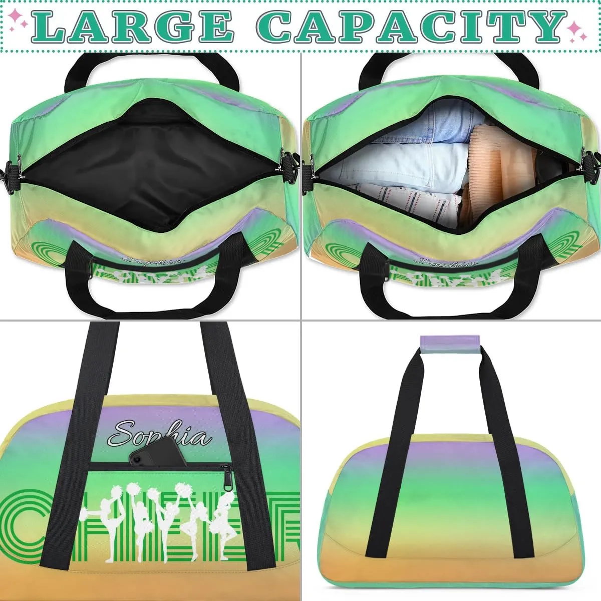 Personalized Cheer Bag with Name Custom Cheerleader Bags Cheer Dance Bag Customize Cheer Duffel Bag Overnight Weekender Bag, Green Yellow