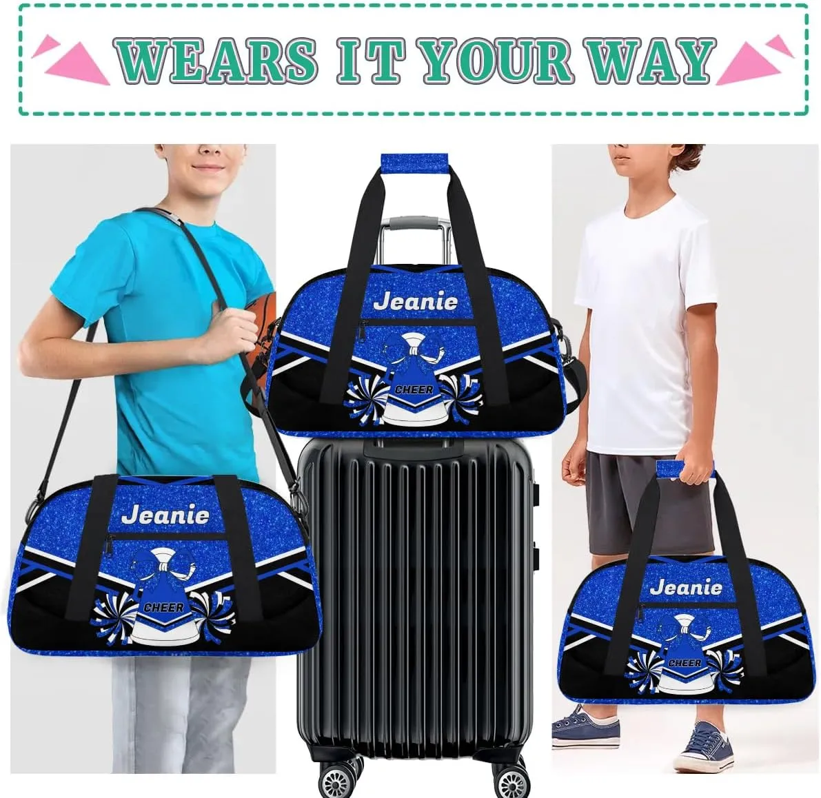 Personalized Cheerleader Bag Cheer Duffel Bag Customized Cheerleaders Bag with Your Name Travel Overnight Bag Gym Bag, Blue