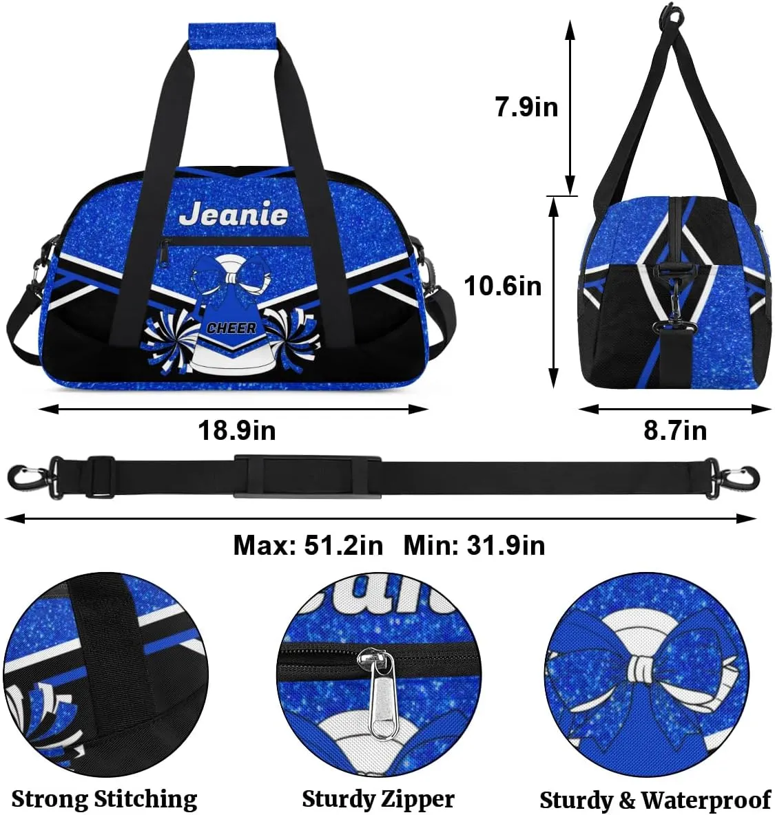 Personalized Cheerleader Bag Cheer Duffel Bag Customized Cheerleaders Bag with Your Name Travel Overnight Bag Gym Bag, Blue