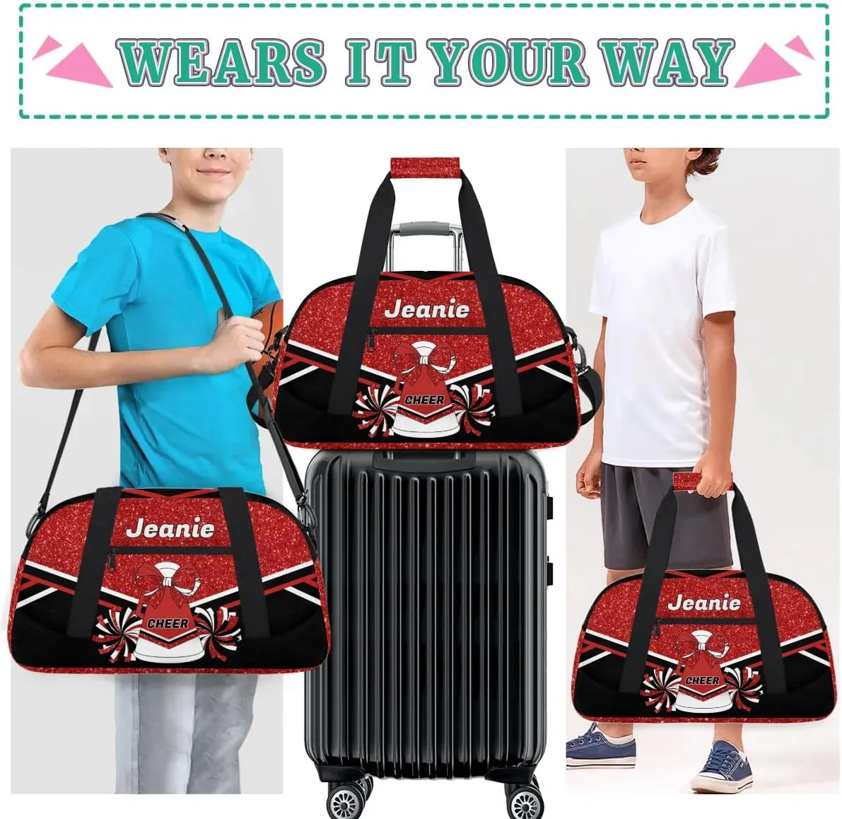 Personalized Cheerleader Bag Cheer Duffel Bag Customized Cheerleaders Bag with Your Name Travel Overnight Bag Gym Bag, Red
