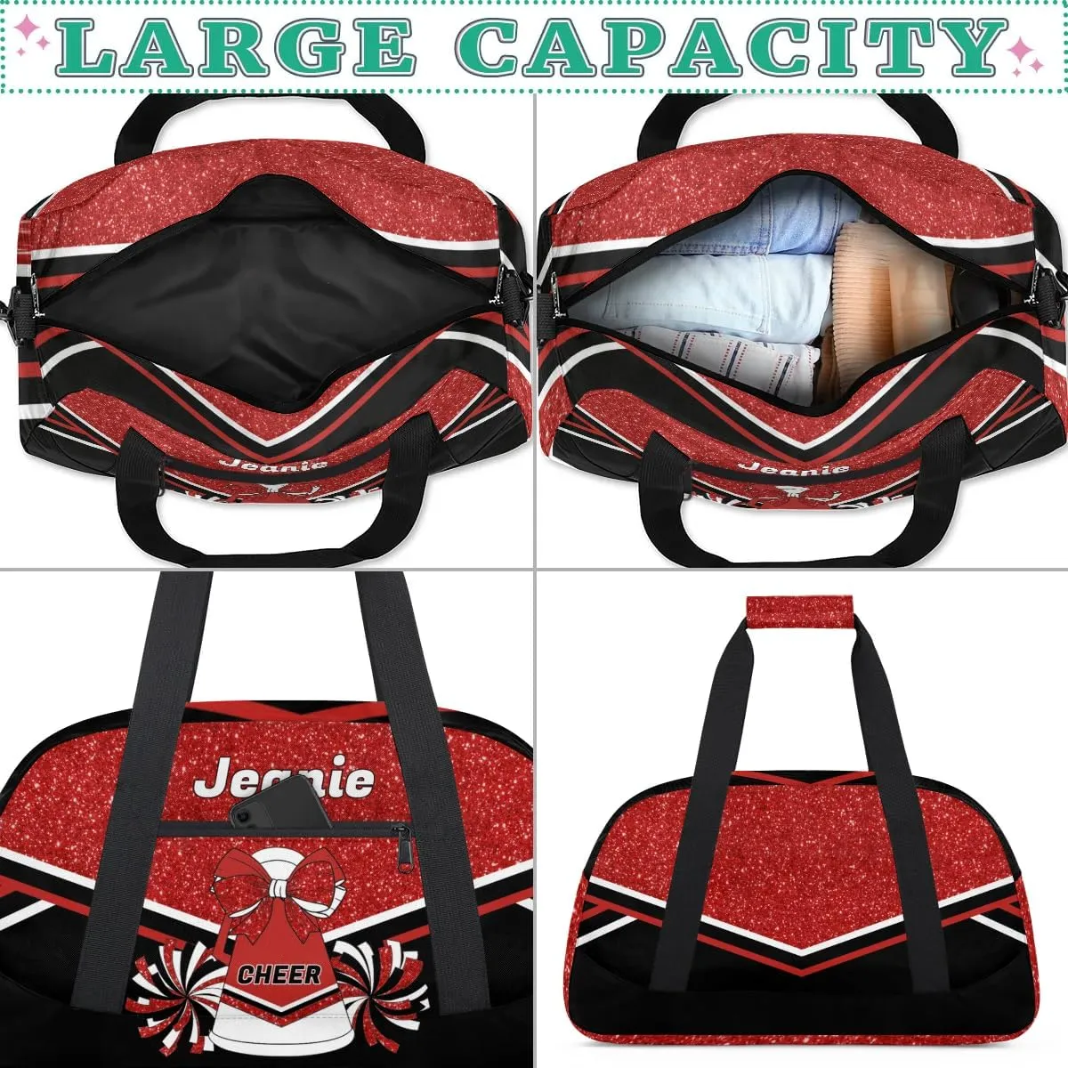 Personalized Cheerleader Bag Cheer Duffel Bag Customized Cheerleaders Bag with Your Name Travel Overnight Bag Gym Bag, Red