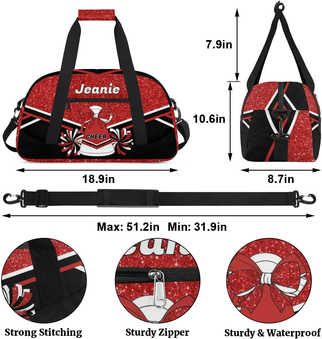 Personalized Cheerleader Bag Cheer Duffel Bag Customized Cheerleaders Bag with Your Name Travel Overnight Bag Gym Bag, Red