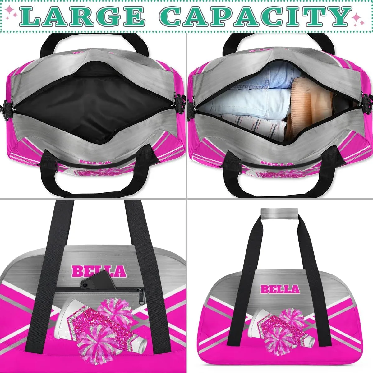 Personalized Cheerleader Bag Dance Bag for Girl, Custom Team Bag Gymnastics Bag Sport Duffel Bag, Weekender Bags Travel Duffel Bag for Cheer Team Pink Glitter Cheer