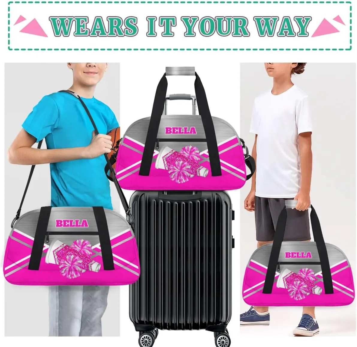 Personalized Cheerleader Bag Dance Bag for Girl, Custom Team Bag Gymnastics Bag Sport Duffel Bag, Weekender Bags Travel Duffel Bag for Cheer Team Pink Glitter Cheer