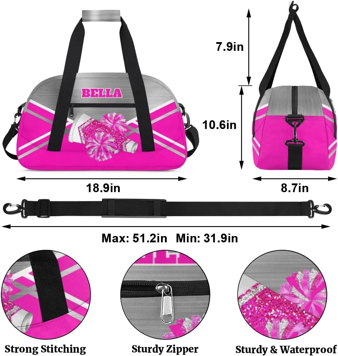 Personalized Cheerleader Bag Dance Bag for Girl, Custom Team Bag Gymnastics Bag Sport Duffel Bag, Weekender Bags Travel Duffel Bag for Cheer Team Pink Glitter Cheer