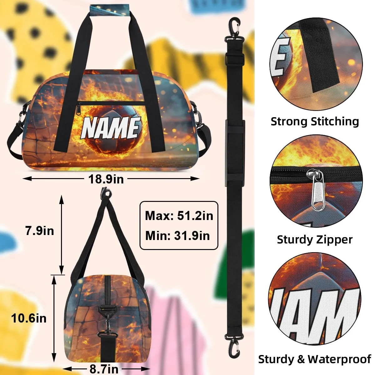Personalized Custom Gym Bag for Women Men Carry on Flame Soccer Travel Duffel Tote Ball Sports Overnight Workout Weekender Bag