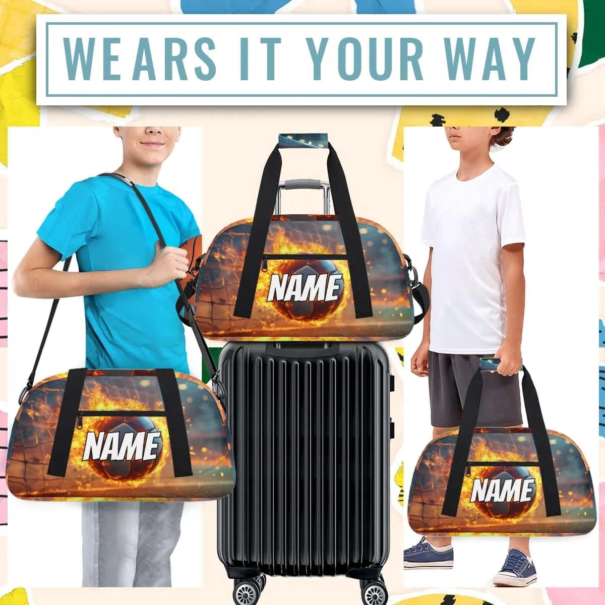 Personalized Custom Gym Bag for Women Men Carry on Flame Soccer Travel Duffel Tote Ball Sports Overnight Workout Weekender Bag
