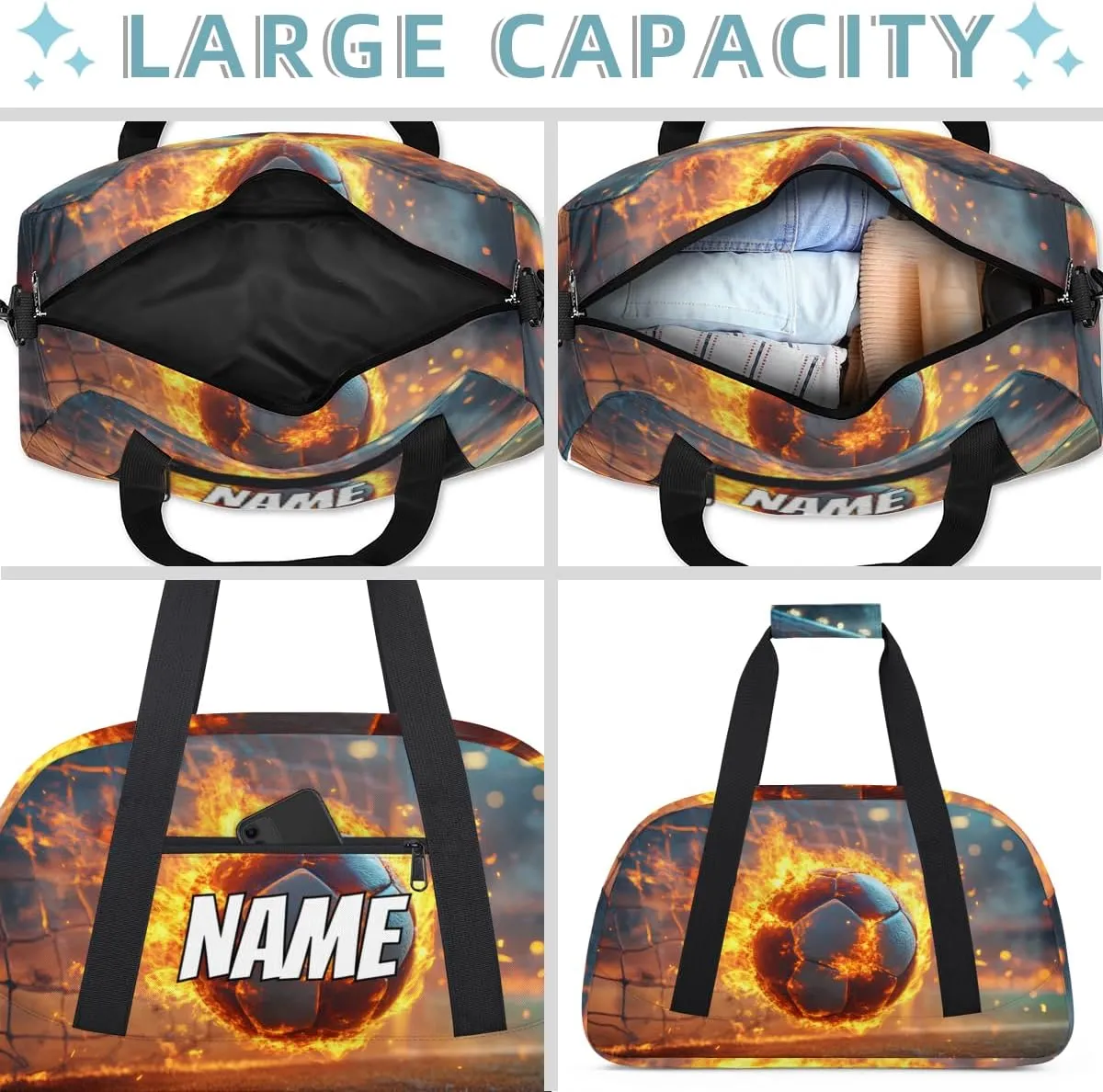 Personalized Custom Gym Bag for Women Men Carry on Flame Soccer Travel Duffel Tote Ball Sports Overnight Workout Weekender Bag
