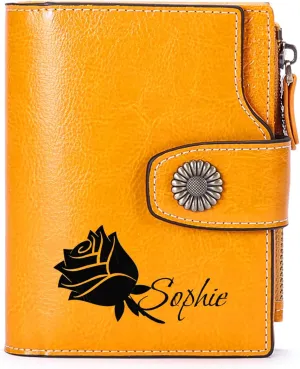 Personalized Customized Small Wallet,Engraved Name Leather Wallets Bifold Card Holder RFID Blocking with Zipper Coin Pocket Purse For Women (Wax-Antique Yellow 01)