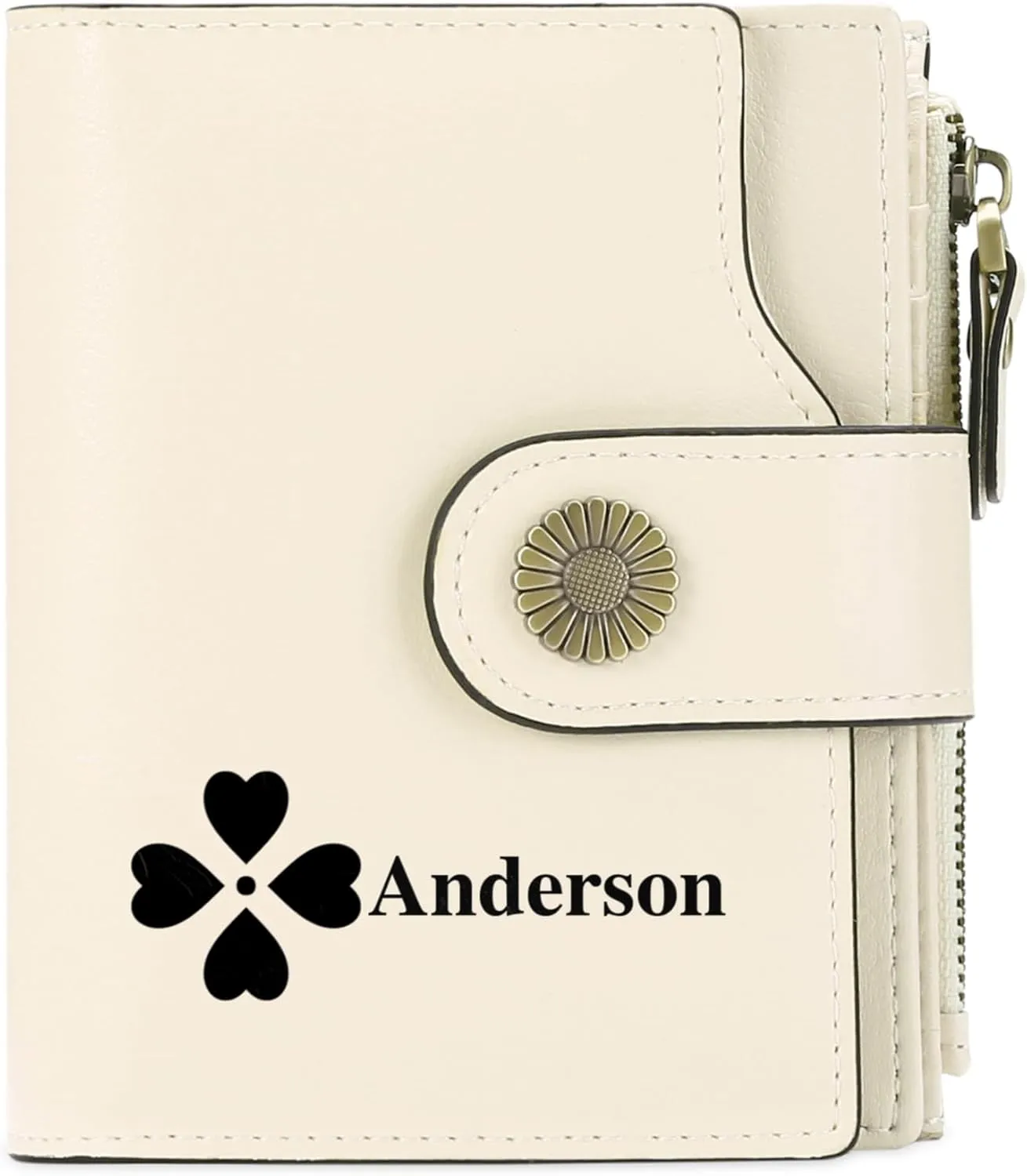Personalized Customized Small Wallet,Engraved Name Leather Wallets Bifold Card Holder RFID Blocking with Zipper Coin Pocket Purse For Women (Wax-Beige)