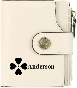 Personalized Customized Small Wallet,Engraved Name Leather Wallets Bifold Card Holder RFID Blocking with Zipper Coin Pocket Purse For Women (Wax-Beige)