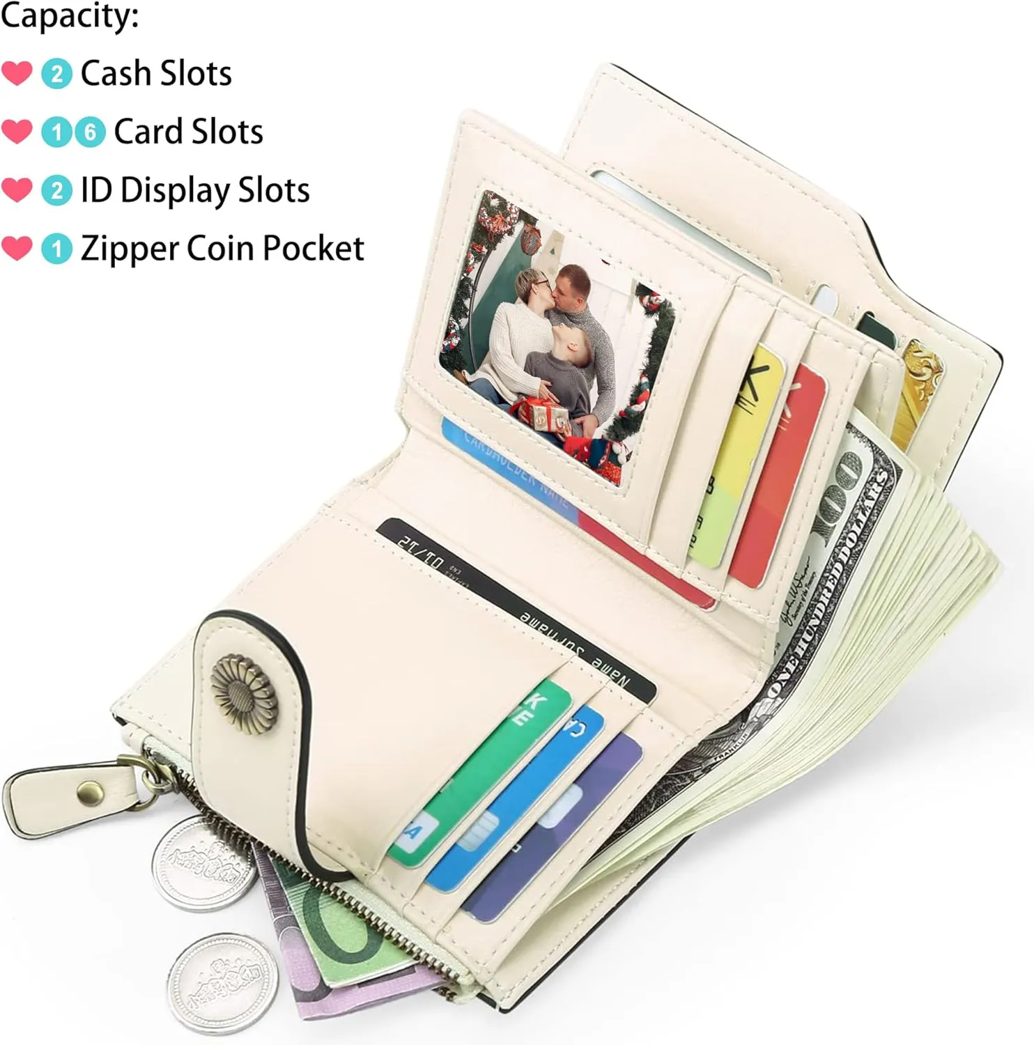 Personalized Customized Small Wallet,Engraved Name Leather Wallets Bifold Card Holder RFID Blocking with Zipper Coin Pocket Purse For Women (Wax-Beige)