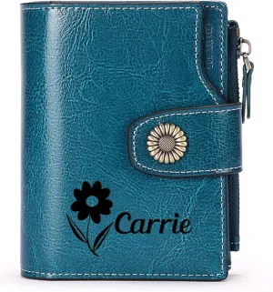 Personalized Customized Small Wallet,Engraved Name Leather Wallets Bifold Card Holder RFID Blocking with Zipper Coin Pocket Purse For Women (Wax-Peacock Blue)