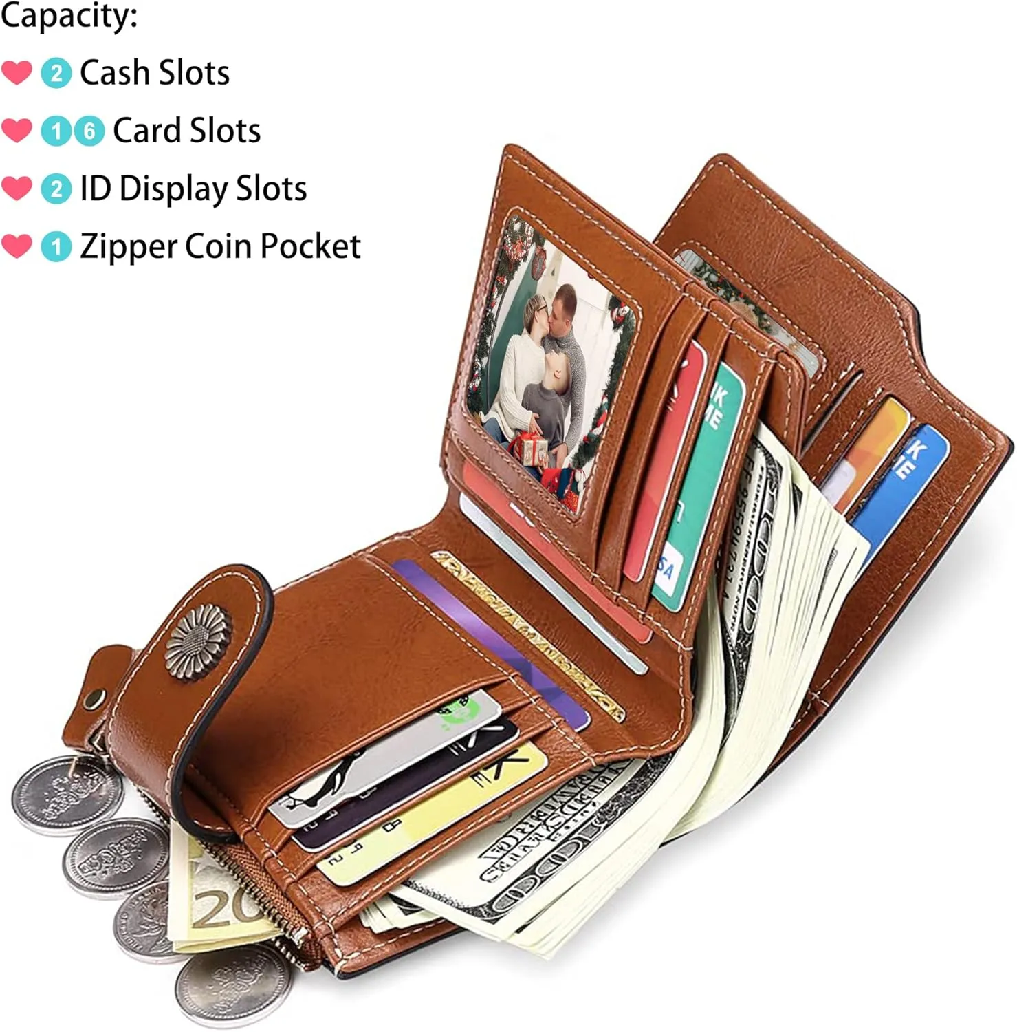 Personalized Customized Small Wallet,Engraved Name Leather Wallets Bifold Card Holder RFID Blocking with Zipper Coin Pocket Purse For Women (Wax-Vintage Brown)