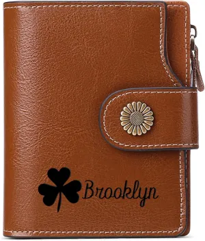 Personalized Customized Small Wallet,Engraved Name Leather Wallets Bifold Card Holder RFID Blocking with Zipper Coin Pocket Purse For Women (Wax-Vintage Brown)