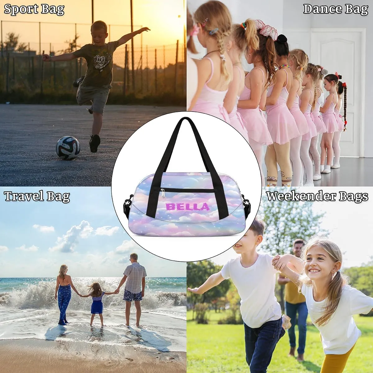 Personalized Dance Bag Gym Bag for Girl, Custom Sport Duffel Bag Weekender Bags Travel Duffel Bag Colorful Rainbow Cloud