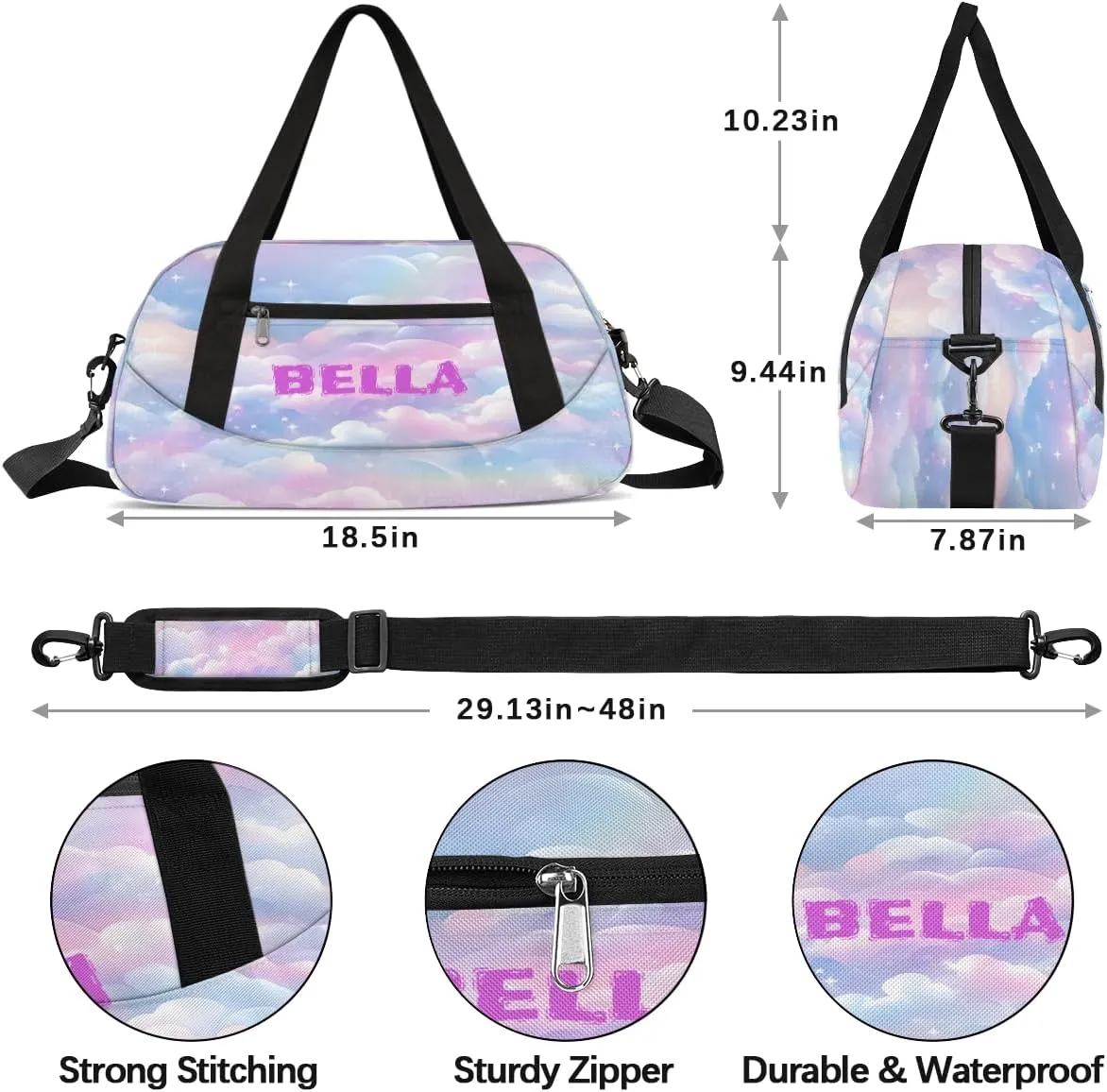 Personalized Dance Bag Gym Bag for Girl, Custom Sport Duffel Bag Weekender Bags Travel Duffel Bag Colorful Rainbow Cloud