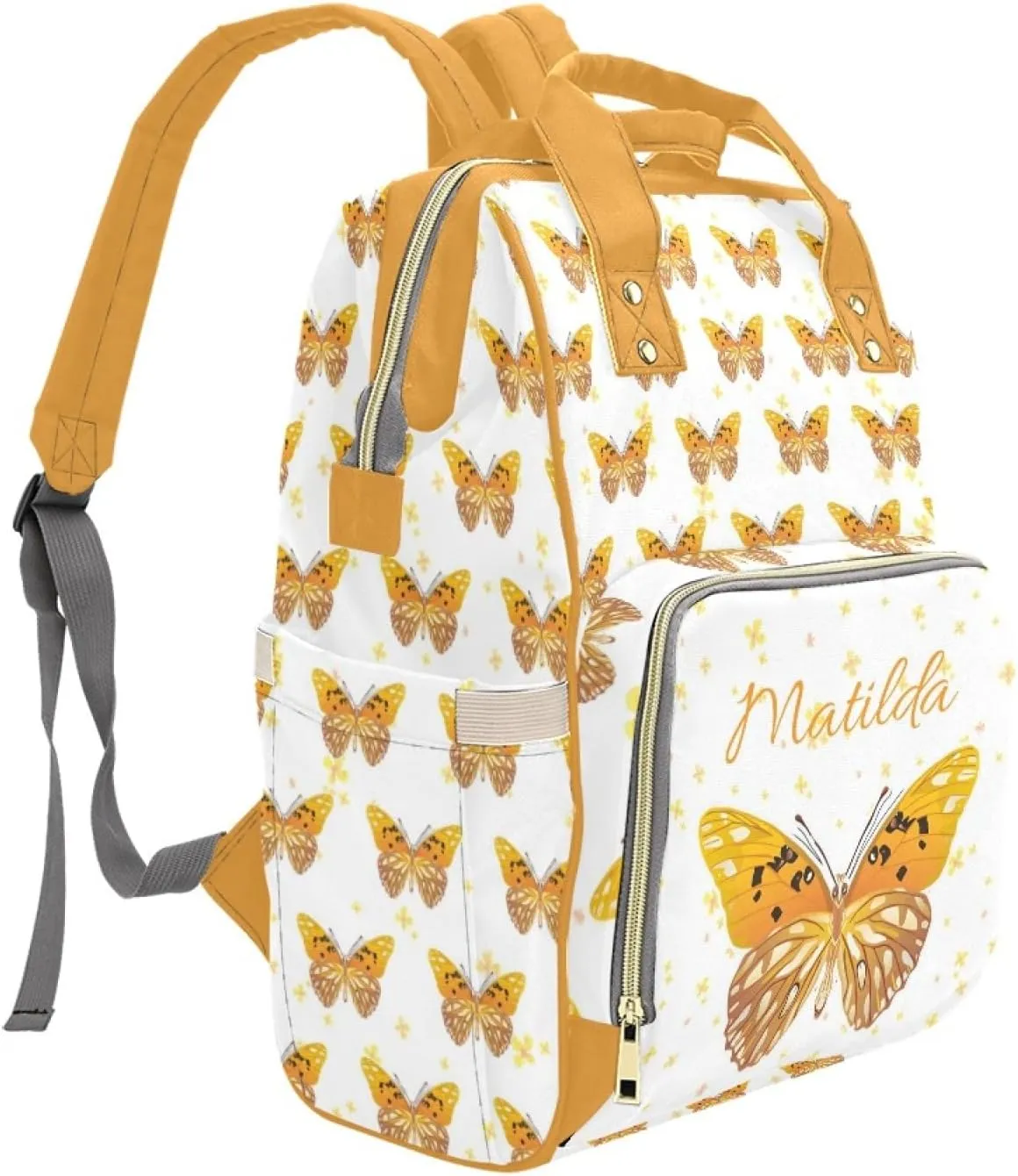 Personalized Diaper Bag Backpack for Women, Custom Name Nursing Mommy Daypack, Diaper Bag for Girls Boys, New Mom Gifts (Butterfly Orange)