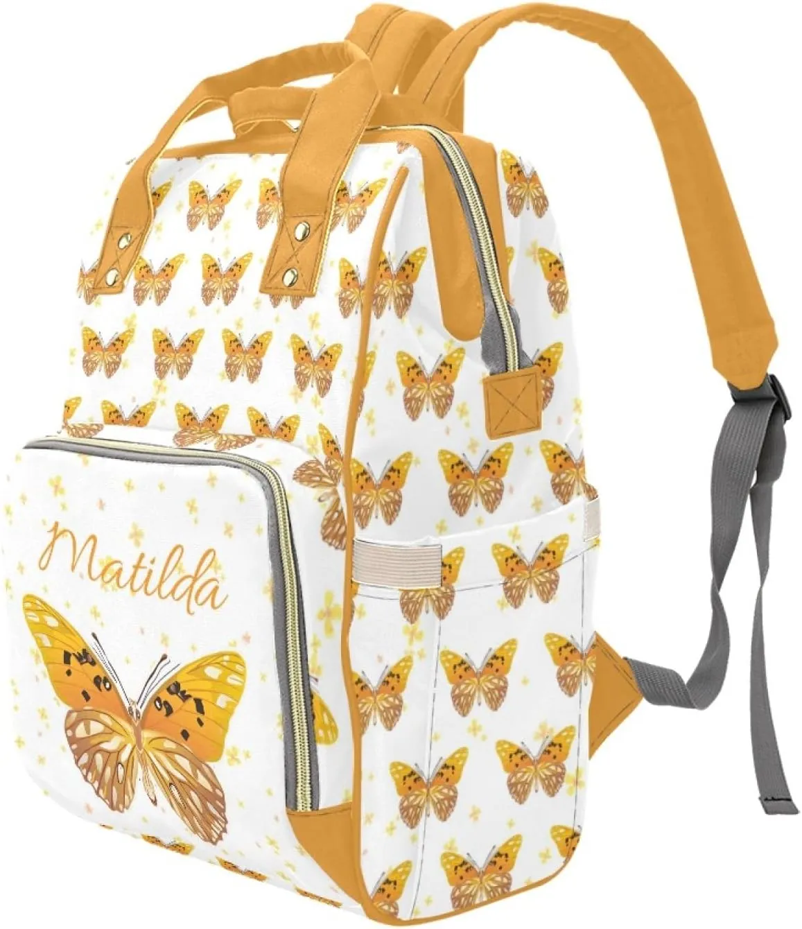 Personalized Diaper Bag Backpack for Women, Custom Name Nursing Mommy Daypack, Diaper Bag for Girls Boys, New Mom Gifts (Butterfly Orange)