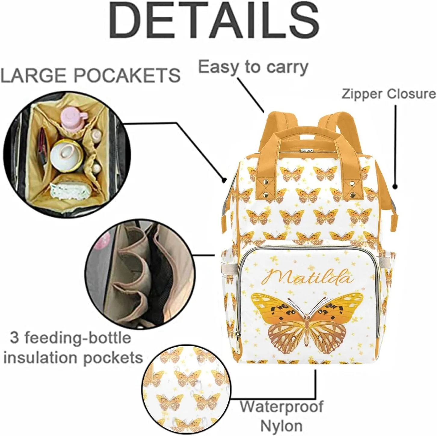 Personalized Diaper Bag Backpack for Women, Custom Name Nursing Mommy Daypack, Diaper Bag for Girls Boys, New Mom Gifts (Butterfly Orange)