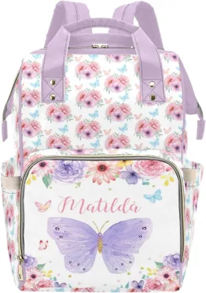 Personalized Diaper Bag Backpack for Women, Custom Name Nursing Mommy Daypack, Diaper Bag for Girls Boys, New Mom Gifts (Butterfly Purple)