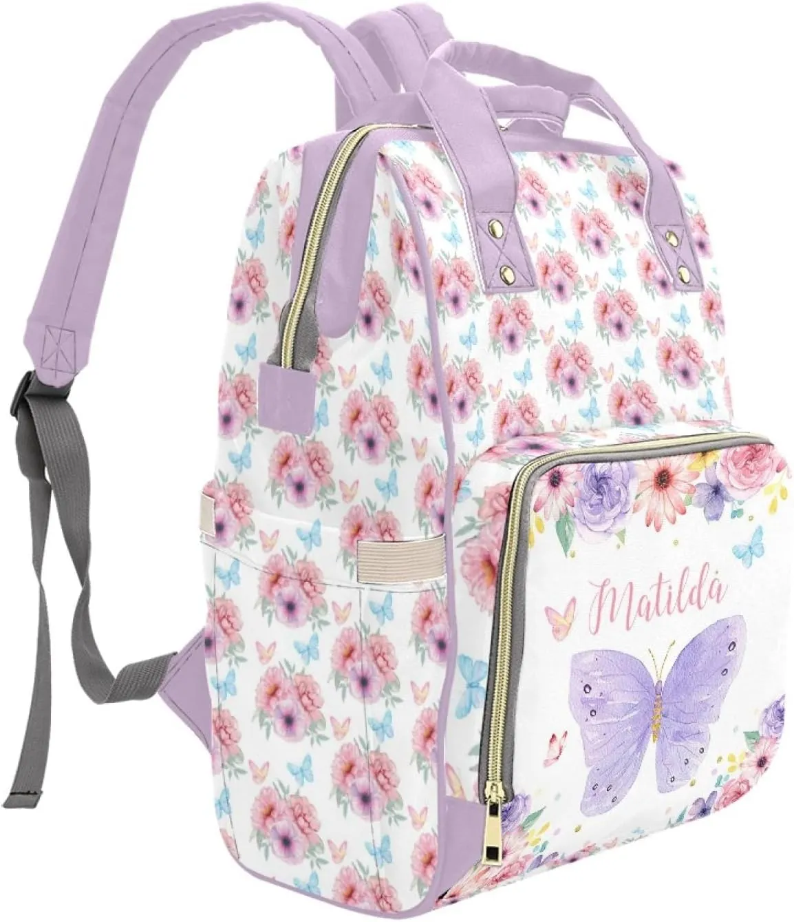 Personalized Diaper Bag Backpack for Women, Custom Name Nursing Mommy Daypack, Diaper Bag for Girls Boys, New Mom Gifts (Butterfly Purple)