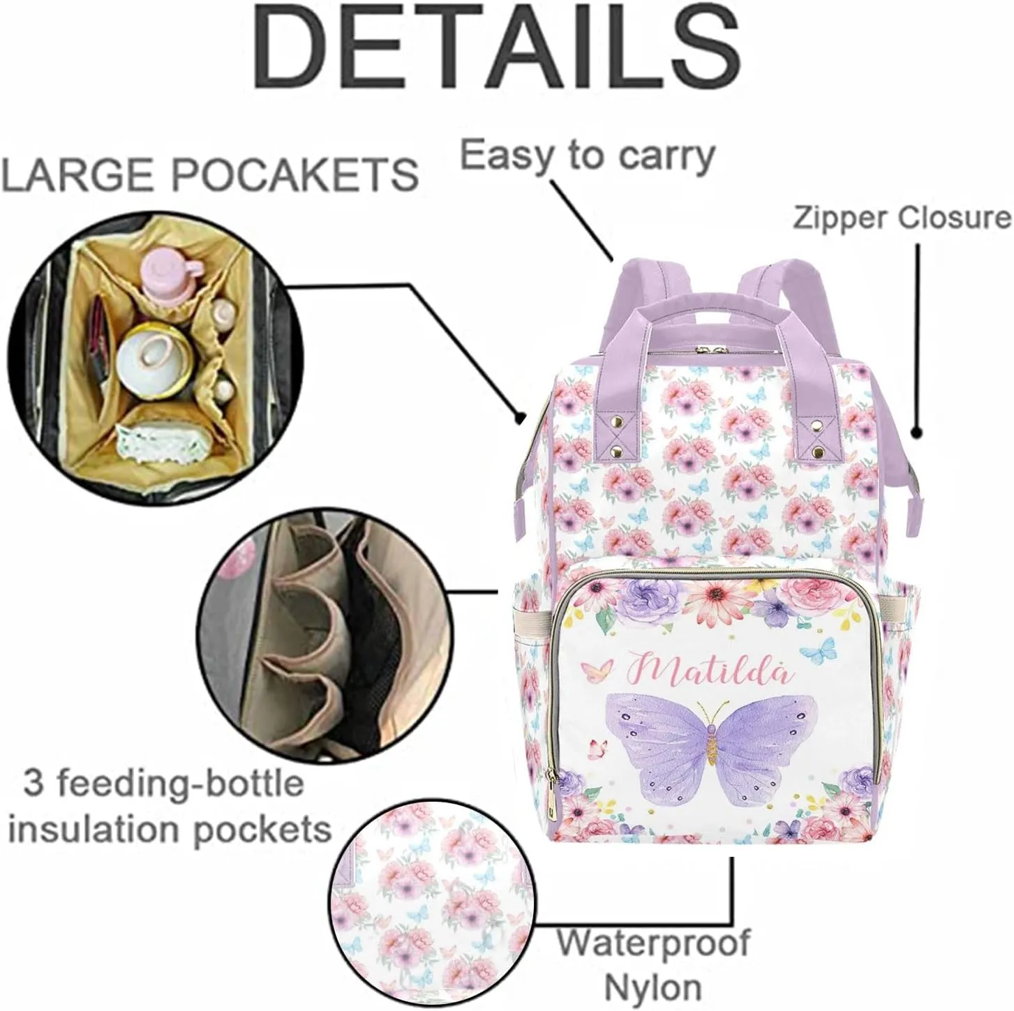 Personalized Diaper Bag Backpack for Women, Custom Name Nursing Mommy Daypack, Diaper Bag for Girls Boys, New Mom Gifts (Butterfly Purple)