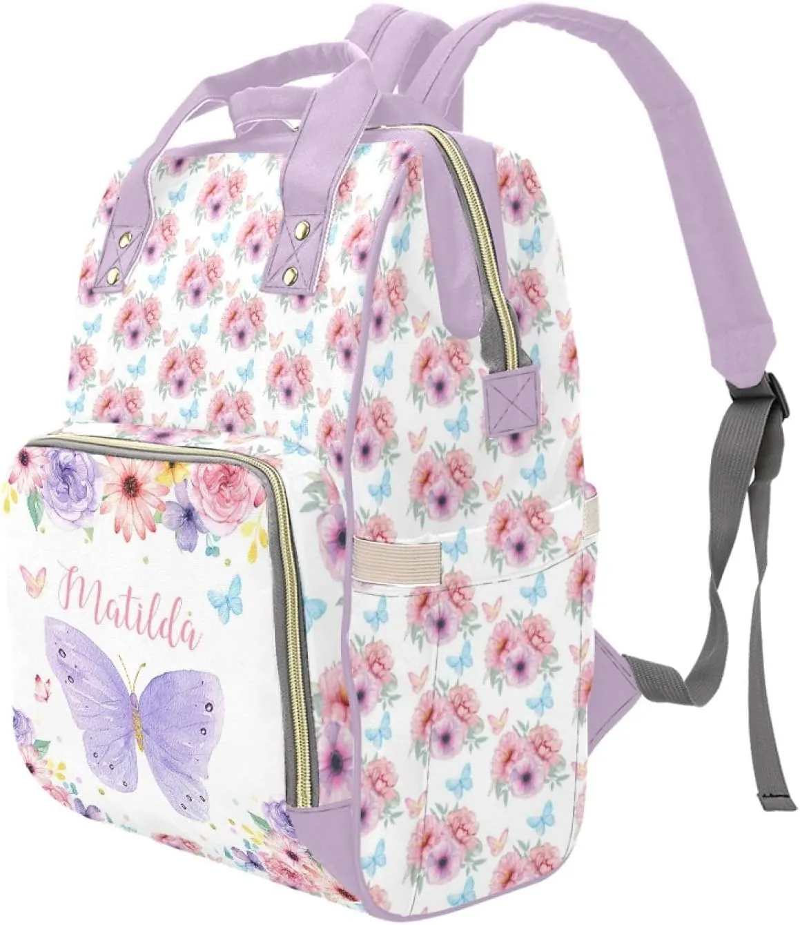 Personalized Diaper Bag Backpack for Women, Custom Name Nursing Mommy Daypack, Diaper Bag for Girls Boys, New Mom Gifts (Butterfly Purple)