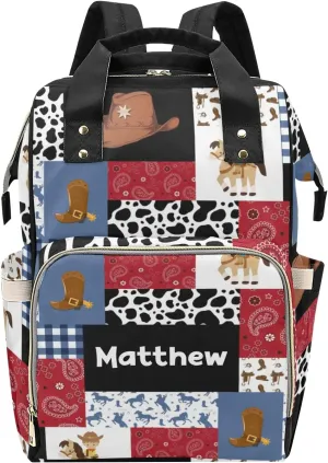Personalized Diaper Bag Backpack Tote,Cowboy Red Blue Quilt, Custom Diaper Bags for Shower Gift 10.83"x6.69"x15"