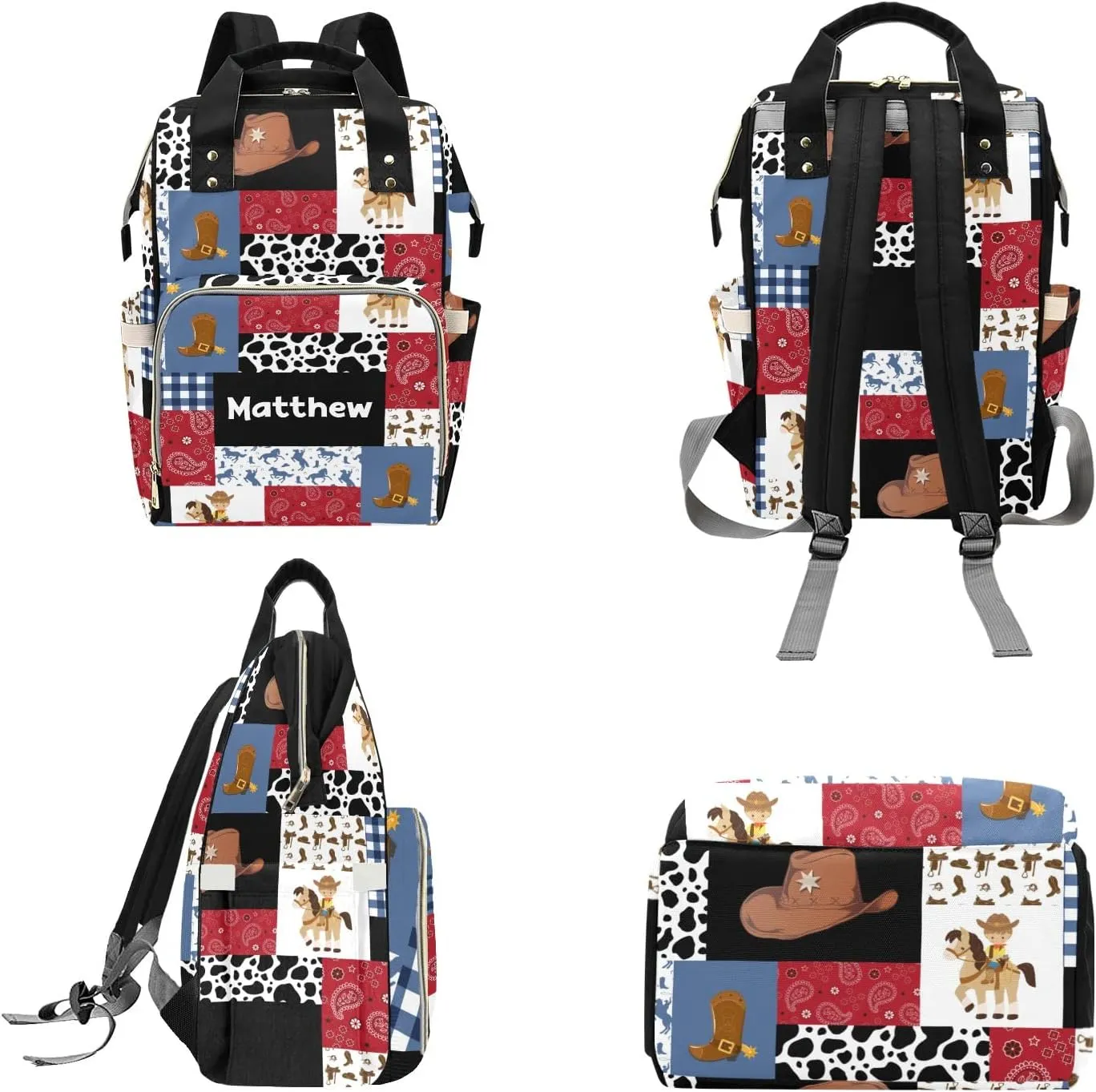 Personalized Diaper Bag Backpack Tote,Cowboy Red Blue Quilt, Custom Diaper Bags for Shower Gift 10.83"x6.69"x15"